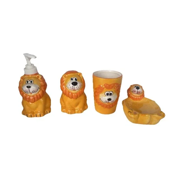 New 4 Piece Ceramic Kids lion Zoo Animal Bathroom Set Soap‎ Toothbrush Cup