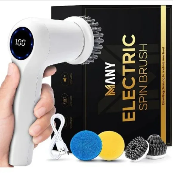 Cordless Electric Spin Scrubber - 2 Speeds - 4 Replaceable Brush Heads - IPX7