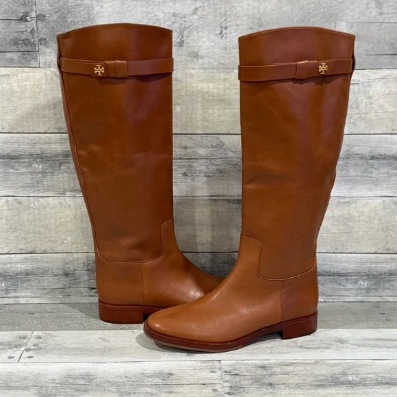 TORY BURCH EVERLY STRAP RIDING BOOTS - SIERRA TAN - SIZE - 7M .US