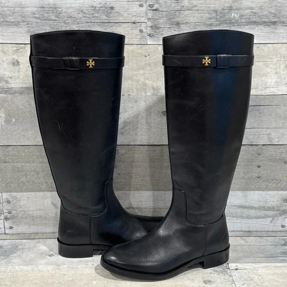 TORY BURCH EVERLY STRAP RIDING BOOTS - BLACK LEATHER - SZ - 5.5