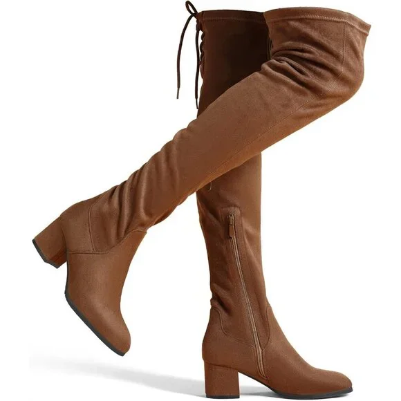Women's Brown Suede Over The Knee Thigh High Chunky Heel Long Stretch Boots