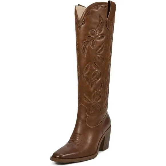 Women Knee Caramel Brown Faux Leather Pull On Tab Chunky Heel Pointed Toe Boots