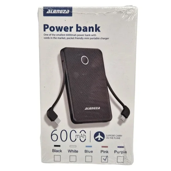 Alongza‎ SK95 6000mAh Power Bank Pink Mini Portable Charger Built-in Cables NEW