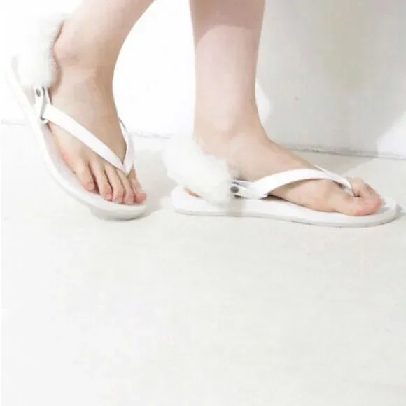 UGG Laalaa White Patent Leather & Removable Shearling Slingback Thong Sandals 4