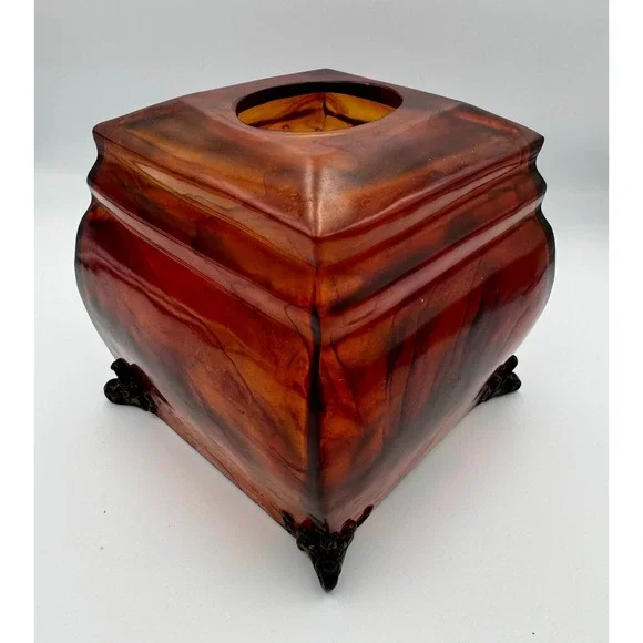 Vintage Faux Tortoiseshell Lucite Acrylic Tissue Box Cover Ornate Resin Feet