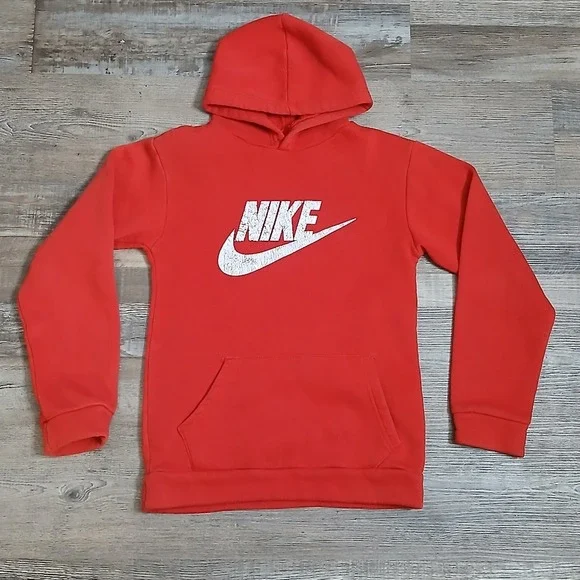 Nike Hoodie Kids Size 14 Red‎ Pullover Distressed Logo Graphic Sweatshirt