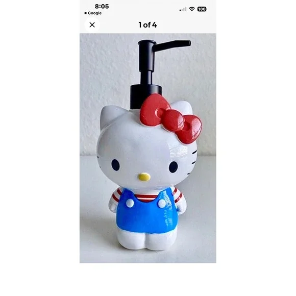Sanrio Hello Kitty Ceramic Soap Lotion Dispenser Blue‎ Overalls Red Bow Kawaii