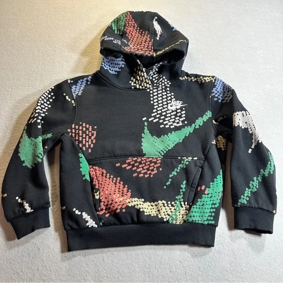Nike Kids Hoodie Small‎ Black Pullover Sweatshirt Colorful Swoosh Print Logo