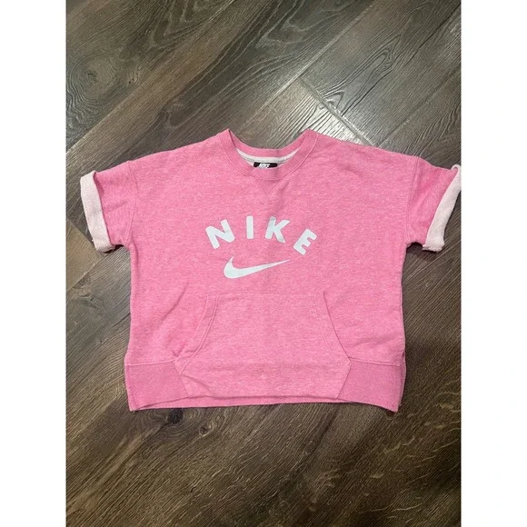 Nike Girls Pink Short Sleeve Sweatshirt Kangaroo Pocket Logo Pullover Large L