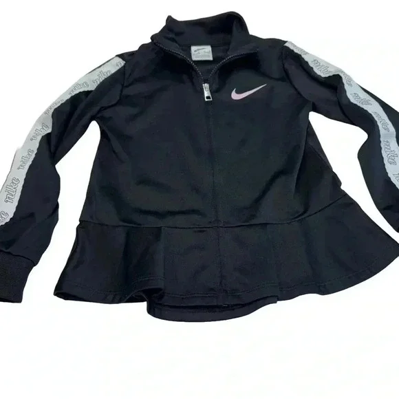 Nike Zip Up Jacket Girls Black and pink Swoosh Ruffle Hem Size 6 (5-6 Yrs)