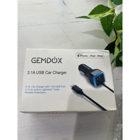 GEMDOX 3.1A‎ USB Car Charger with Lightning Cable for iPhone/iPad/iPod