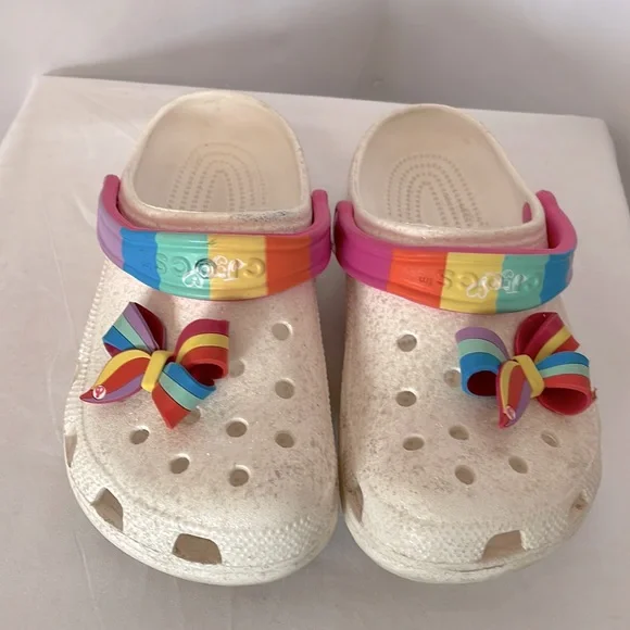 Crocs jojo siwa size 5 white glitter with rainbow sling back and rainbow bow