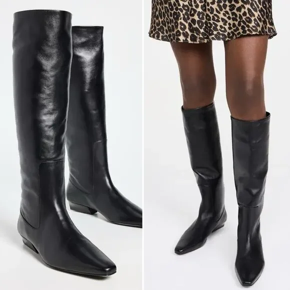 NEW Staud Wally Boot Flat Black Leather Size 37