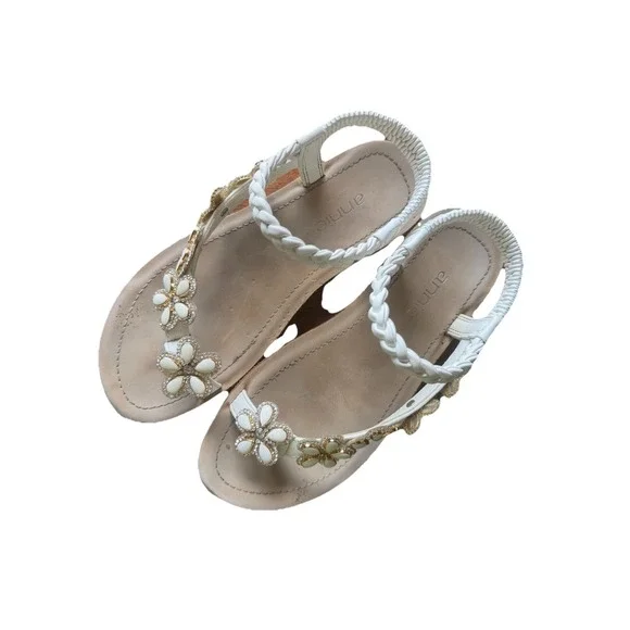 Annie White Floral Beaded Strapp Girls Sandals Synthetic Upper Slip On Casual 4M