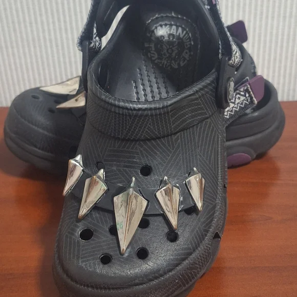 Black Panther Crocs Black Kids Shoes with Silver Spikes Sz.1
