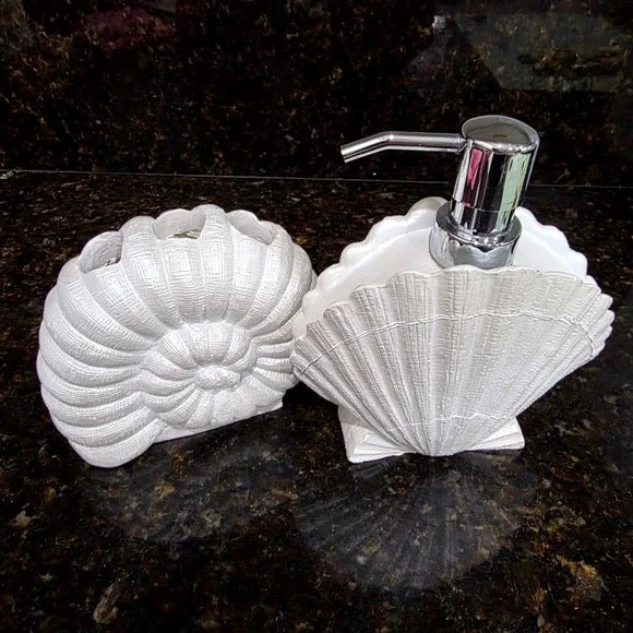 Bathroom Accessory Set White Seashell Soap Dispenser Nautical Tropical seaside