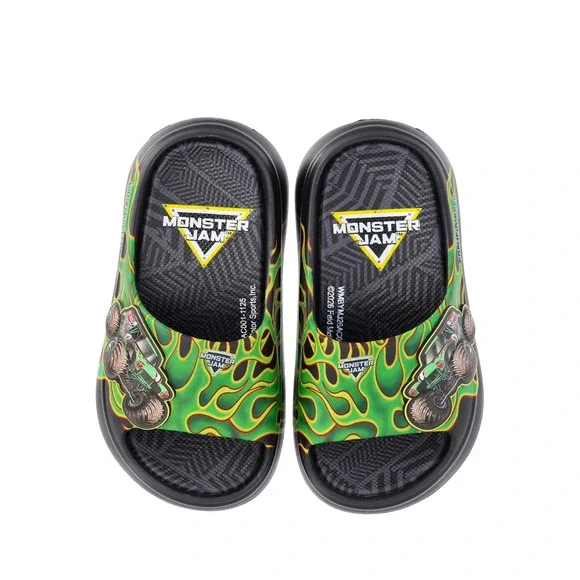 Monster Jam Big Boys Grave Digger EVA Slip On Sandals Green Flame Size 6 NWT