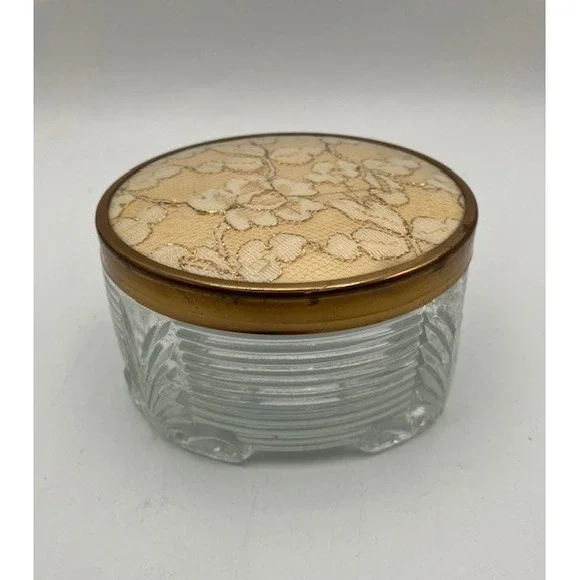 Footed Glass Powder/Trinket Jar Lace Lid Vanity‎ Decor Retro 1930's Style