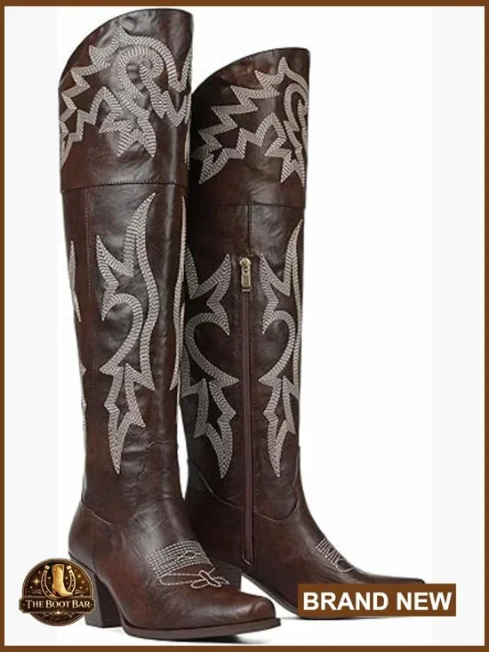 Pointed Toe Over The Knee Boots Chunky Heel Embroidered Western Cowgirl