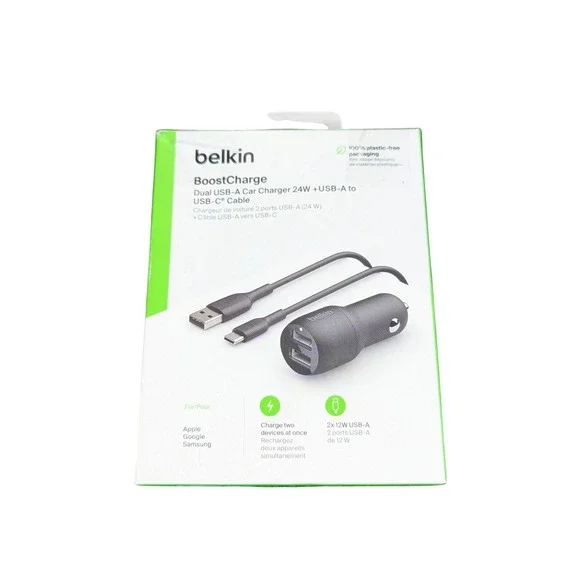 Aa3O Belkin USB-A Dual Car Charger 24W w/ USB-C Cable -‎ Black Used