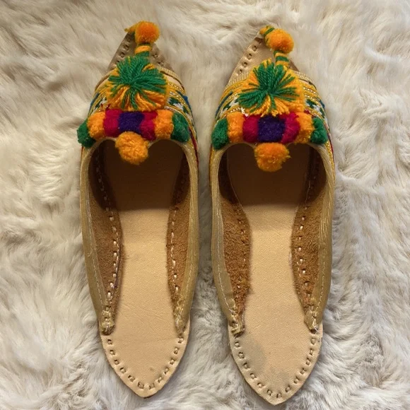 Pom Pom Embroidered Leather Indian Sandals