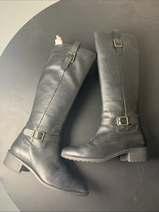 Cole Haan Black Leather Over-the-Knee Riding Boots with Buckle Detail