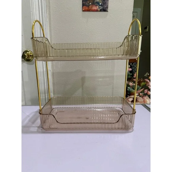 2 Tier Plastic Organizer Shelf Gold Frame Bathroom Vanity‎ Counter Storage