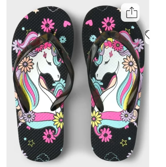 NWT TCP Unicorn Print Kids Flip Flops - Black and Pink