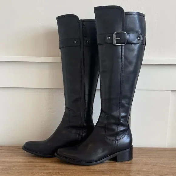 COLE HAAN Black Leather Knee-High Riding Boots Sleek Minimalist Casual Size 5.5
