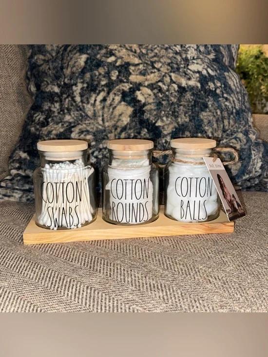 Rae Dunn Bathroom Set Cotton Swabs/Rounds/Balls Glass Jars/Wood Tray