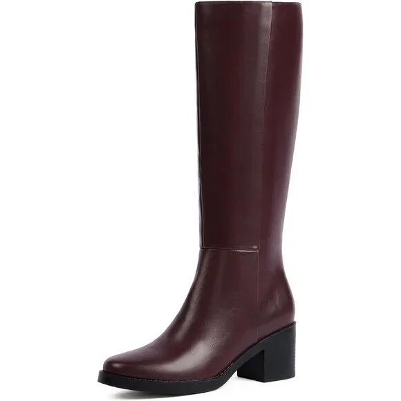 Women's Burgundy Chunky Heel Round Zipper Winter Tall Dress Knee High Boots