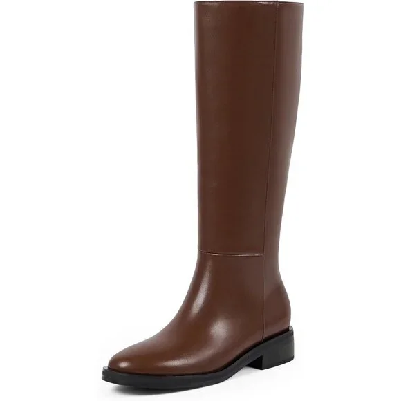 Women Polyurethane Brown Round Toe Flat Heel Side Zipper Knee High Tall Boots