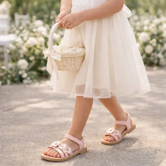 Flower‎ Girl Pink Sandals Size 2 Floral Dressy Wedding Shoes Kids