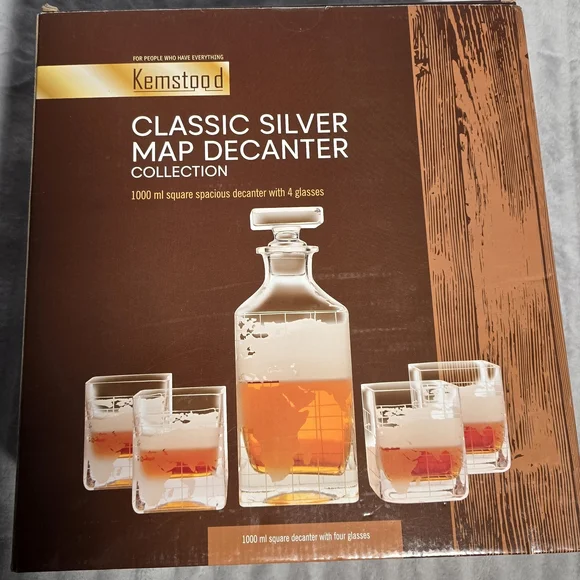 Kemstood 1000ml World Map Whiskey Decanter Set 4 Glasses 32oz Etched Bar‎ Gift
