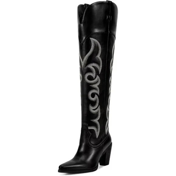 Women Over Knee Black Faux Leather Pull On Tab Chunky Heel Pointed Toe Boots