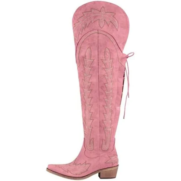 Women Pink Polyurethane Over the Knee Adjustable Thigh High Cowgirl Boot