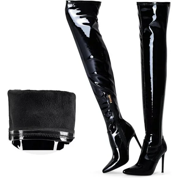 Women Black Patent Wools Lining Pointed Toe 4.3 inch Stilettos Thigh High Boots