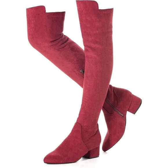 Women Red/2 Inch Heel Faux Suede Over The Knee Thigh High Low Block Heel Boot
