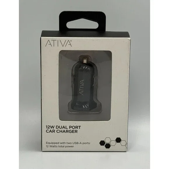 Ativa Dual USB Car Charger 12 Watts Total Power Adapter Plug for iPhone Android