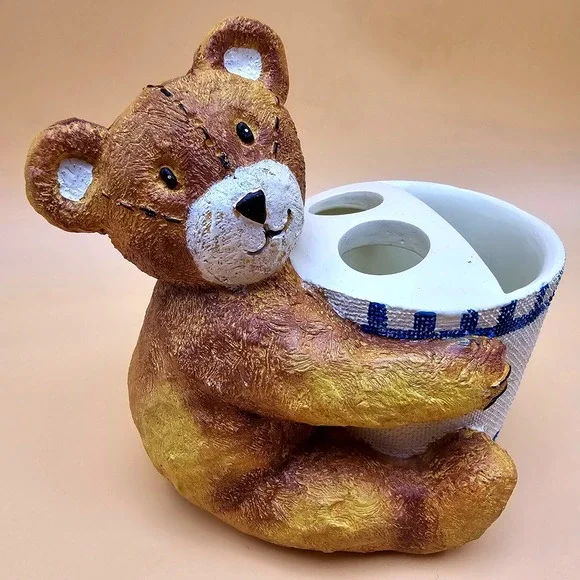 Adorable Cuddle Bear Toothbrush Holder Blue White Check Teddy Bathroom Organizer