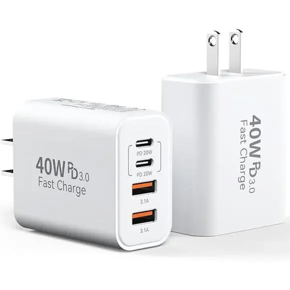 USB C Charger Block 2 Pack 40W Fast Charging 4 Port Wall Plug Power Adapter
