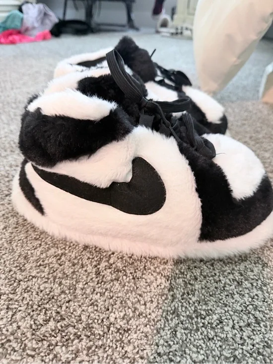 Nike Black and White Fuzzy Swoosh Slide Slippers