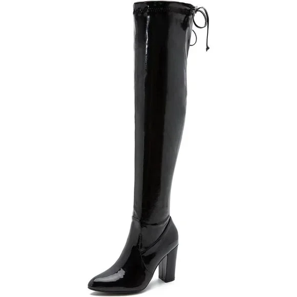 Women Black Pu Leather Pointed Toe Zipper Over The Knee Thigh High Long Boots