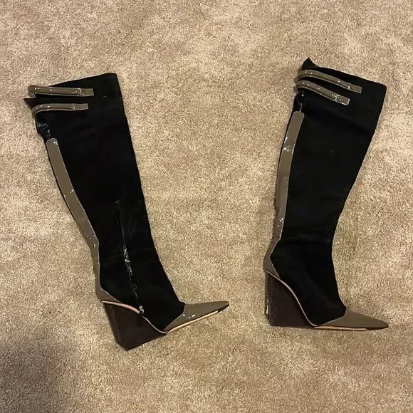 Pollini black suede thigh high boots with plexiglass heel and leather trim 40