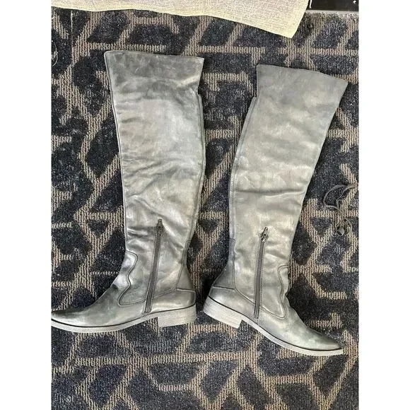 Free People Brenna Over The Knee Natural Black Leather Boots Size 37