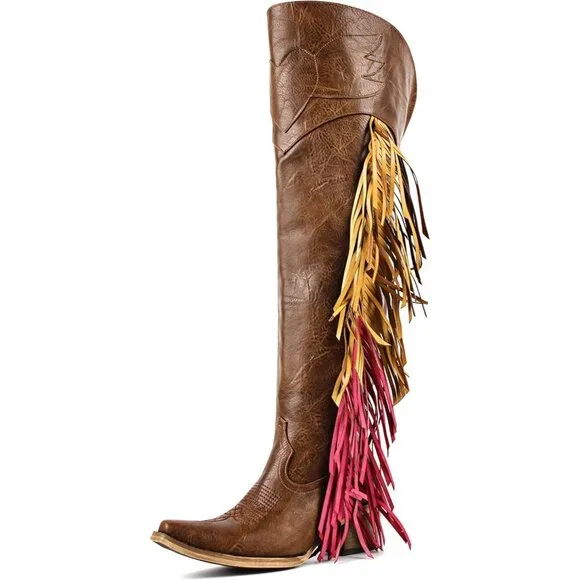 Women Brown Polyurethane Pointed Toe Fringe Adjustable Thigh High Cowgirl Boot
