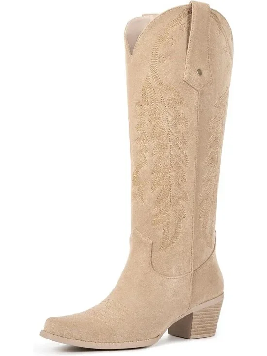 Women's Suede Apricot Cowboy Knee High Cowgirl Boots Pointed Toe Chunky Heels