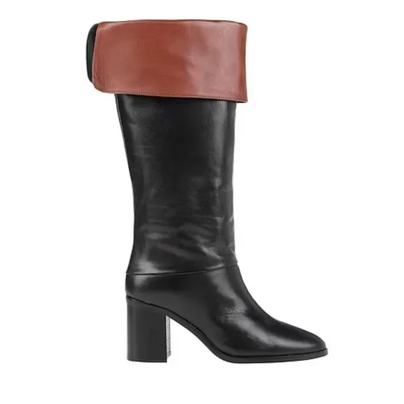 ALESSANDRA PELUSO Two-Tone Leather‎ Knee-High Boots Black Brown Fold-Over Cuff