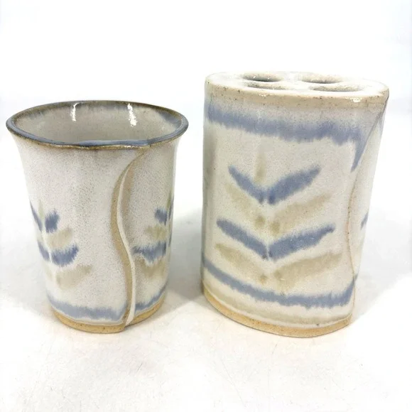 Handcrafted Bay Pottery Blue Tan Glaze Toothbrush Holder and Bathroom Water Cup