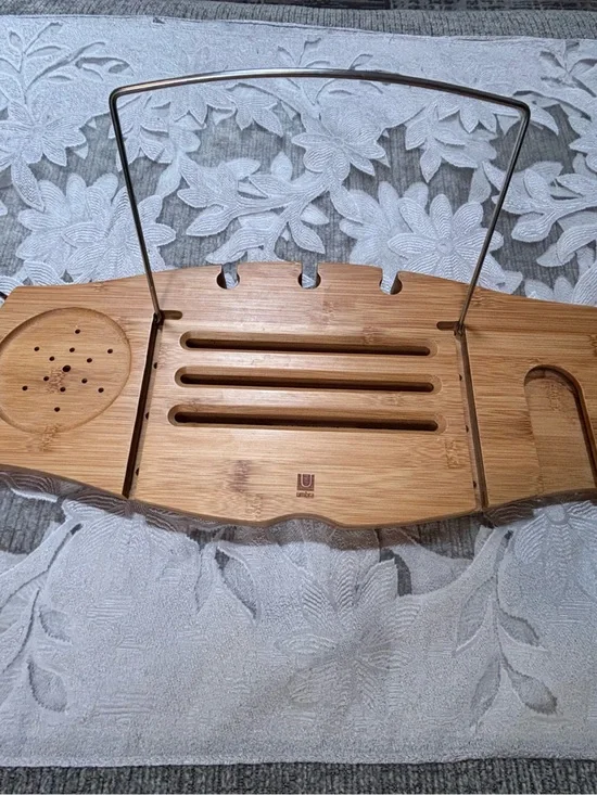 Umbra Bamboo Bathtub Caddy Tray Wine Book Tablet Phone Soap Holder Wire Handles